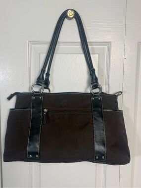 Franco Sarto Y2K Brown Nylon Tote Bag Office Core Minimalist Zip Shoulder